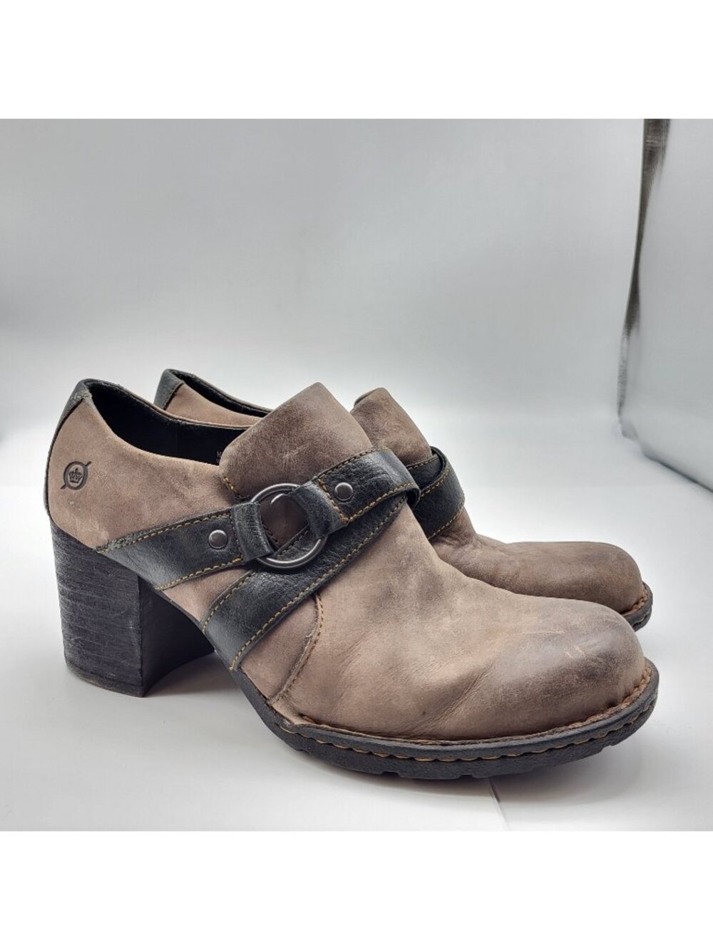 Born sz 7 Leather Buckle Bootie Moto slip on Chunky Heel Y2K Festival Brown